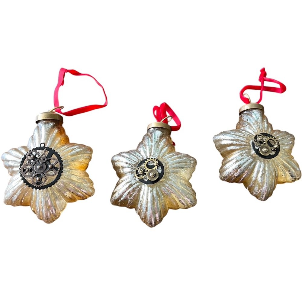Star Christmas Ornaments 3 large Glass Stars with Watch Parts accenting center